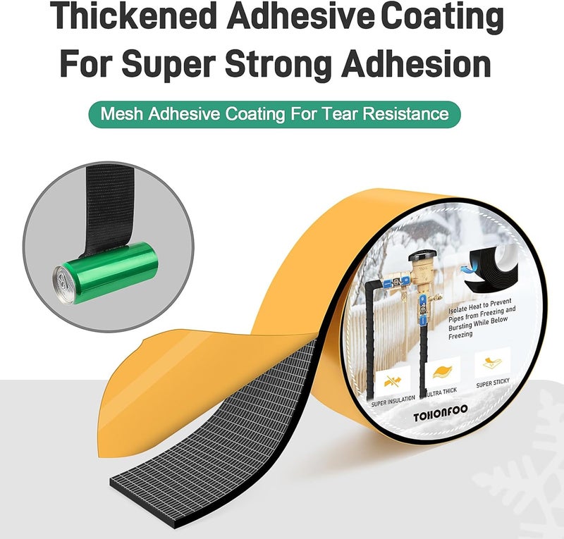 TOHONFOO Pipe Insulation Tape, Foam Insulation Tape for Outdoor Pipes Winter Freeze Protection, Foam Pipe Insulation Wrap, Heat Tape for Water Pipes, Copper Pipes, PVC, AC Line, 2in x 15ft, Black - Image 2